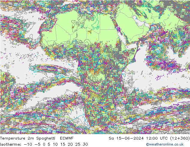 карта температуры Spaghetti ECMWF сб 15.06.2024 12 UTC