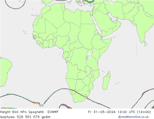 Hoogte 500 hPa Spaghetti ECMWF vr 31.05.2024 12 UTC