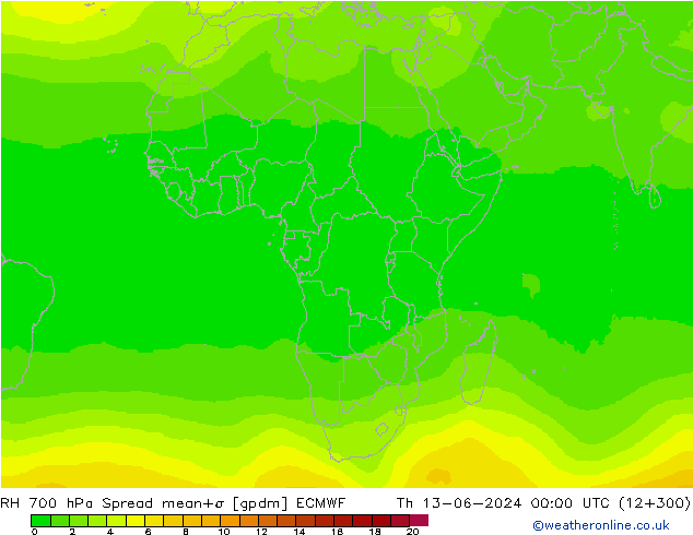 RH 700 hPa Spread ECMWF Čt 13.06.2024 00 UTC