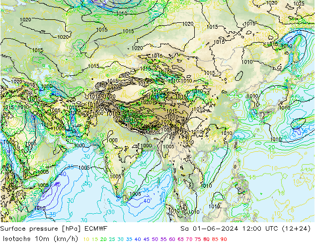 Isotachs (kph) ECMWF sab 01.06.2024 12 UTC