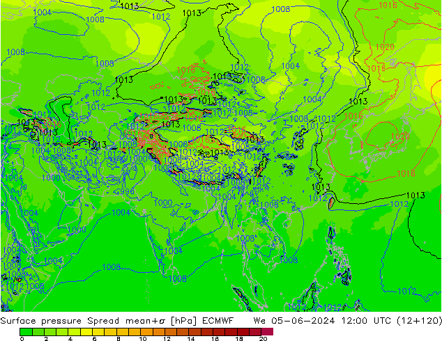 Surface pressure Spread ECMWF We 05.06.2024 12 UTC