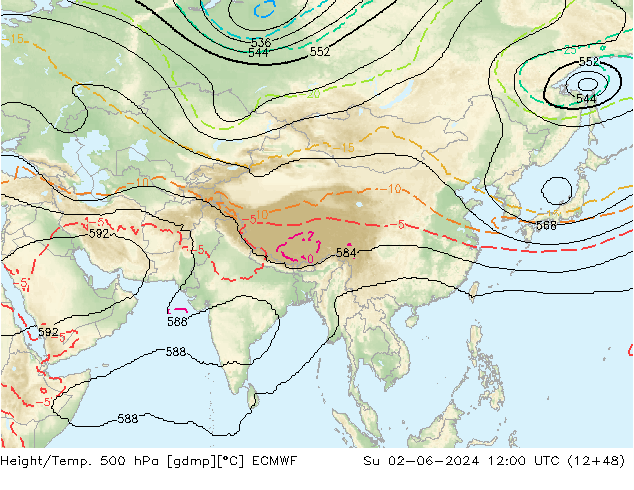 Height/Temp. 500 hPa ECMWF So 02.06.2024 12 UTC