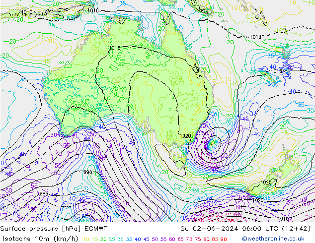 Isotachs (kph) ECMWF Dom 02.06.2024 06 UTC