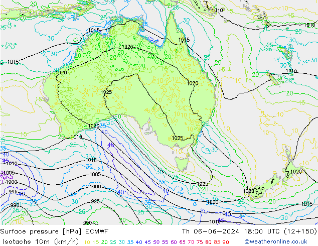 Isotachs (kph) ECMWF Qui 06.06.2024 18 UTC