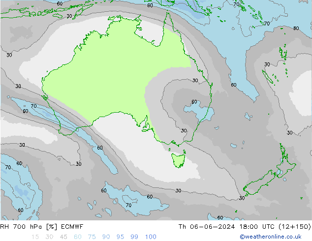 Humidité rel. 700 hPa ECMWF jeu 06.06.2024 18 UTC