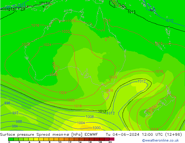 Pressione al suolo Spread ECMWF mar 04.06.2024 12 UTC