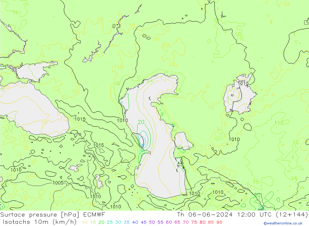 Izotacha (km/godz) ECMWF czw. 06.06.2024 12 UTC