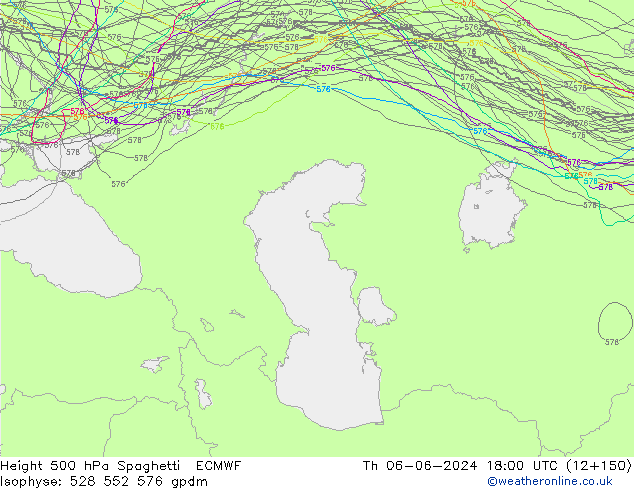 Height 500 hPa Spaghetti ECMWF czw. 06.06.2024 18 UTC