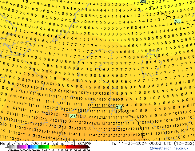 Height/Temp. 700 гПа ECMWF вт 11.06.2024 00 UTC