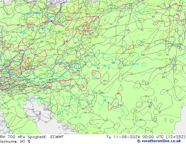 RH 700 hPa Spaghetti ECMWF  11.06.2024 00 UTC