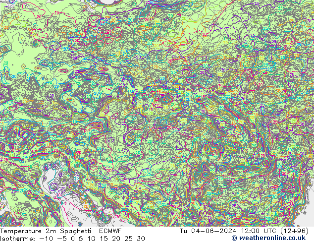 Temperature 2m Spaghetti ECMWF Tu 04.06.2024 12 UTC