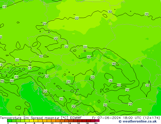 Temperatuurkaart Spread ECMWF vr 07.06.2024 18 UTC