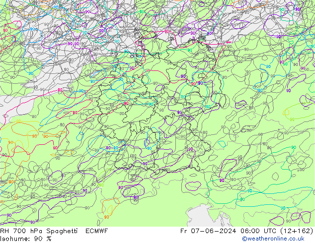 RH 700 hPa Spaghetti ECMWF Pá 07.06.2024 06 UTC