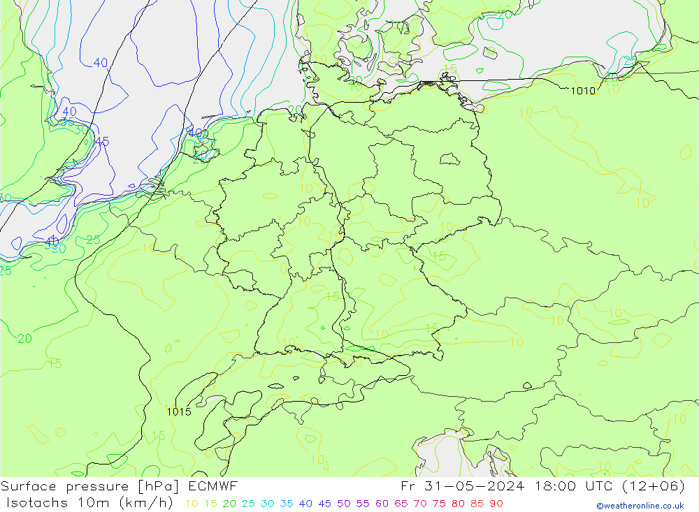 Izotacha (km/godz) ECMWF pt. 31.05.2024 18 UTC