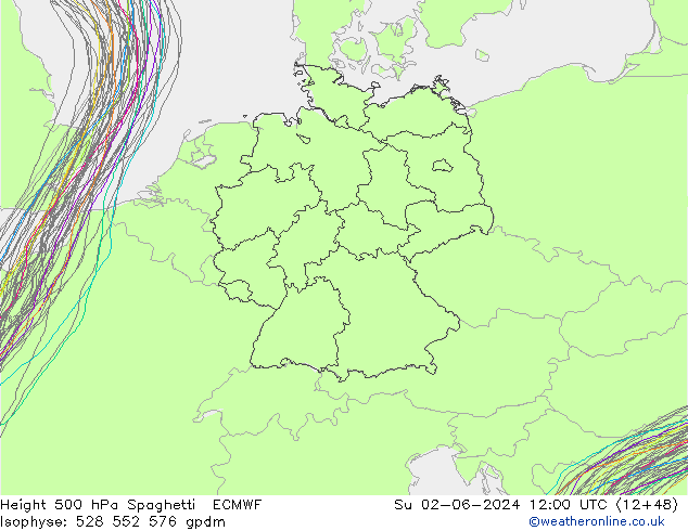 Hoogte 500 hPa Spaghetti ECMWF zo 02.06.2024 12 UTC