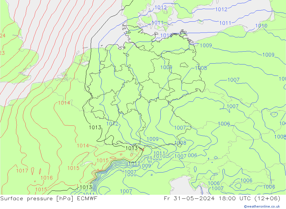 Presión superficial ECMWF vie 31.05.2024 18 UTC