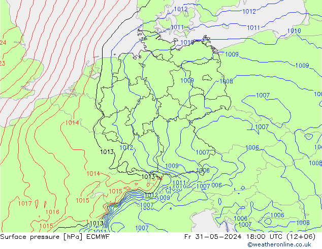 Presión superficial ECMWF vie 31.05.2024 18 UTC