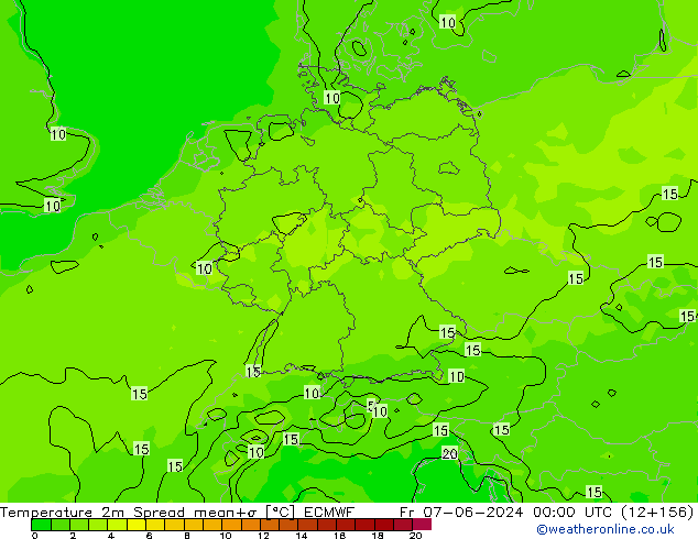 Temperature 2m Spread ECMWF Fr 07.06.2024 00 UTC