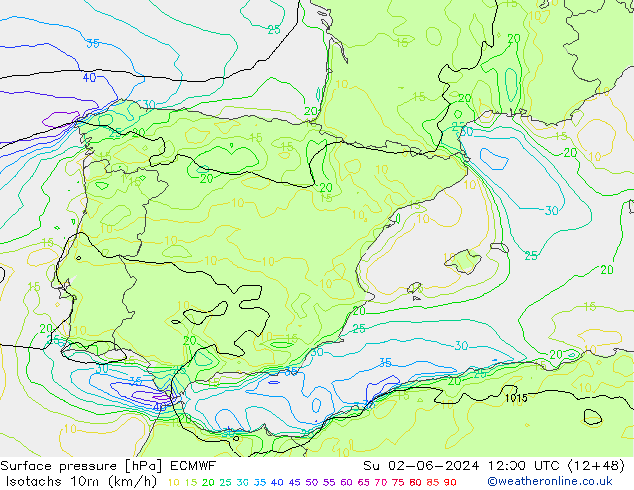 Isotachs (kph) ECMWF Su 02.06.2024 12 UTC