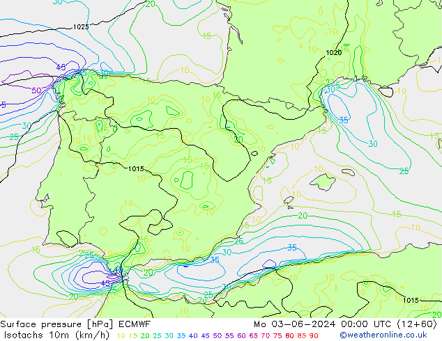 Izotacha (km/godz) ECMWF pon. 03.06.2024 00 UTC