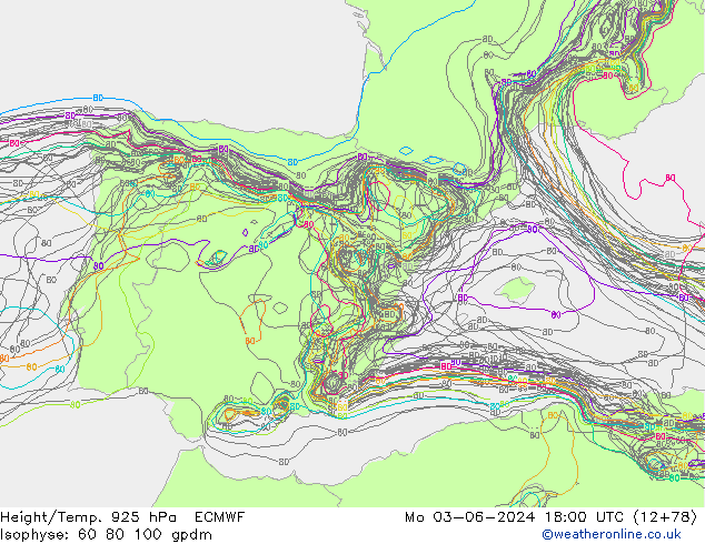 Height/Temp. 925 hPa ECMWF pon. 03.06.2024 18 UTC