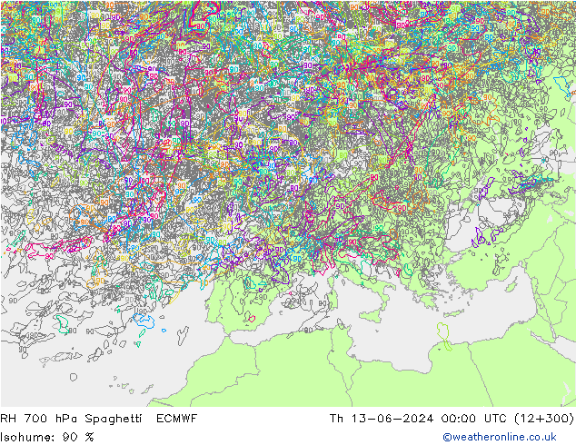 RH 700 hPa Spaghetti ECMWF  13.06.2024 00 UTC