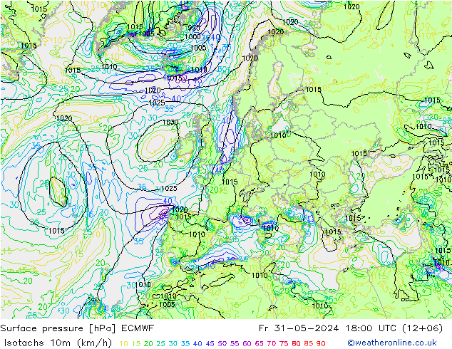 Isotachs (kph) ECMWF Fr 31.05.2024 18 UTC