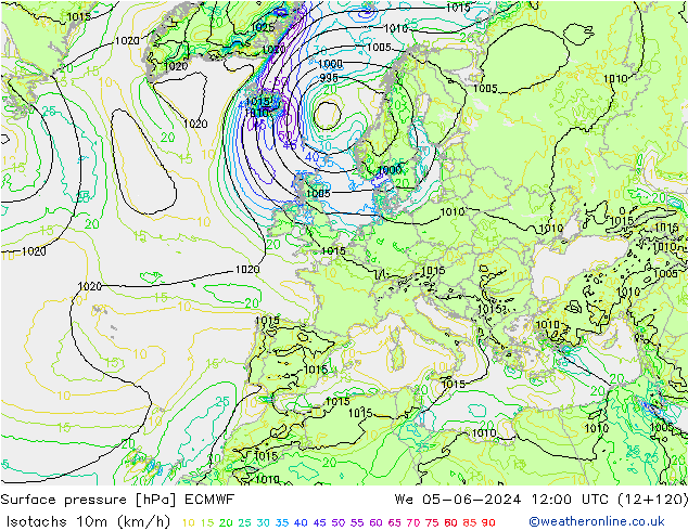 Isotachs (kph) ECMWF St 05.06.2024 12 UTC