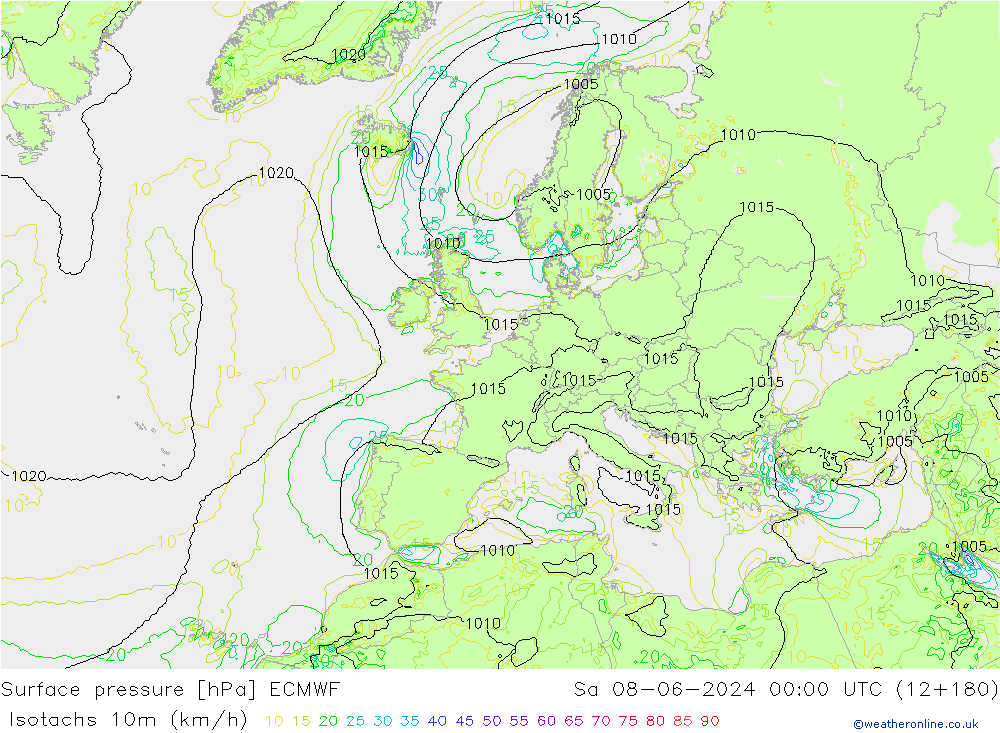 Isotachs (kph) ECMWF сб 08.06.2024 00 UTC