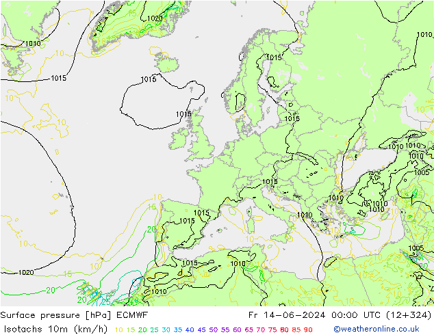 Isotachs (kph) ECMWF ven 14.06.2024 00 UTC