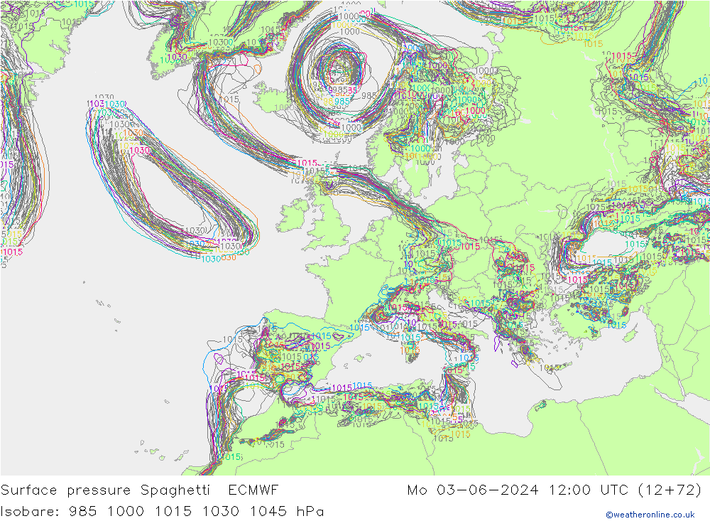 Presión superficial Spaghetti ECMWF lun 03.06.2024 12 UTC