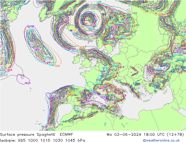 Atmosférický tlak Spaghetti ECMWF Po 03.06.2024 18 UTC