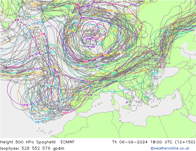 Height 500 hPa Spaghetti ECMWF  06.06.2024 18 UTC