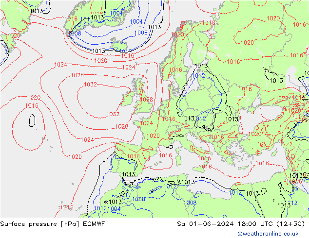 Presión superficial ECMWF sáb 01.06.2024 18 UTC