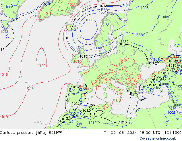 Presión superficial ECMWF jue 06.06.2024 18 UTC
