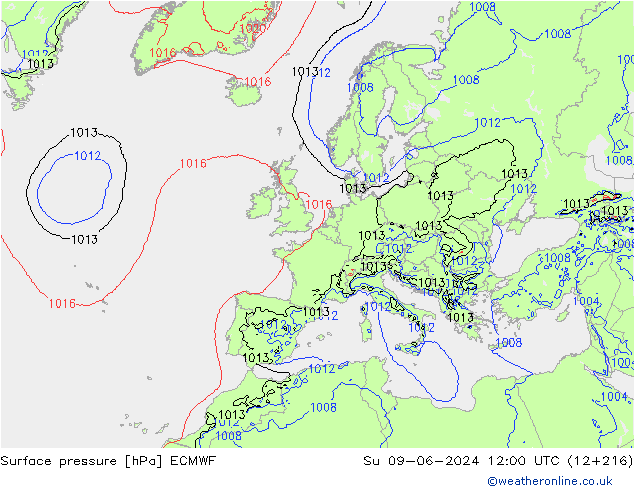 Luchtdruk (Grond) ECMWF zo 09.06.2024 12 UTC