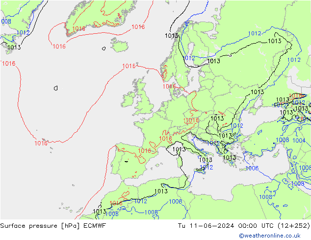 Surface pressure ECMWF Tu 11.06.2024 00 UTC