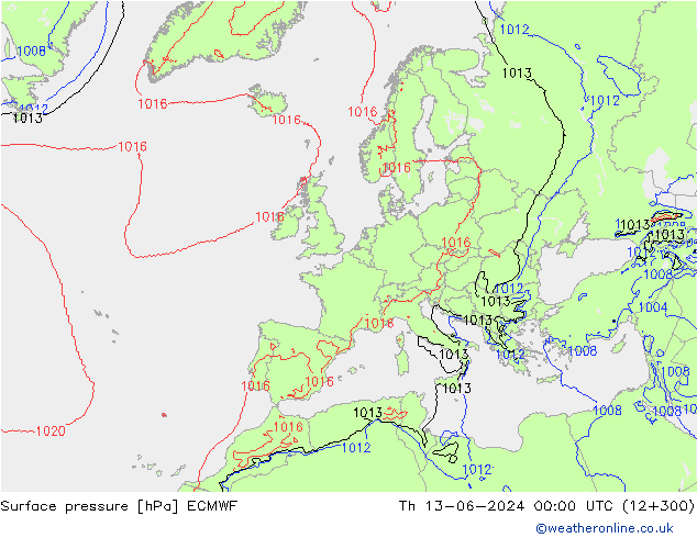 Surface pressure ECMWF Th 13.06.2024 00 UTC