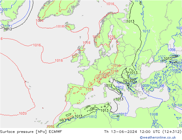 Surface pressure ECMWF Th 13.06.2024 12 UTC