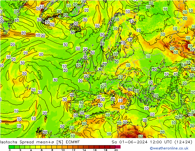 Isotachen Spread ECMWF Sa 01.06.2024 12 UTC