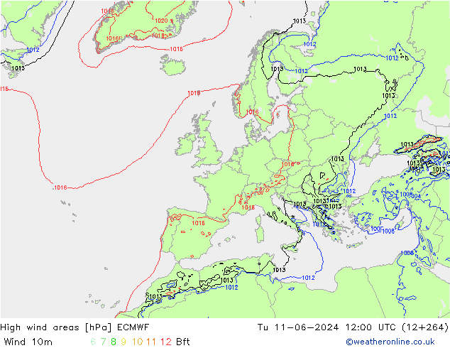 High wind areas ECMWF вт 11.06.2024 12 UTC