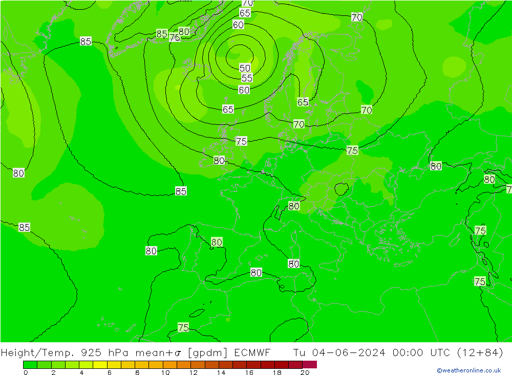 Height/Temp. 925 hPa ECMWF Út 04.06.2024 00 UTC