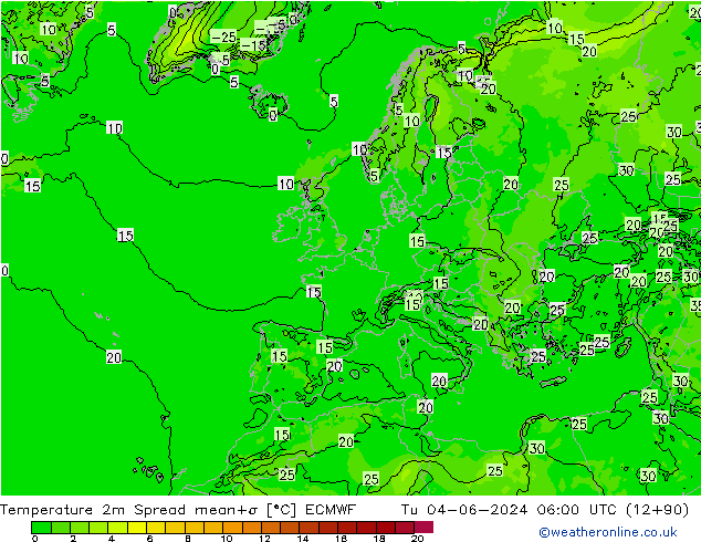 Temperatuurkaart Spread ECMWF di 04.06.2024 06 UTC