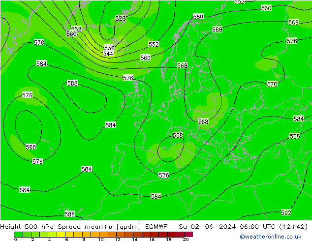 Height 500 hPa Spread ECMWF So 02.06.2024 06 UTC