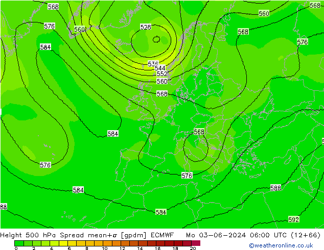 Height 500 hPa Spread ECMWF Mo 03.06.2024 06 UTC