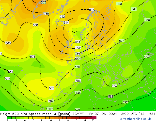 Hoogte 500 hPa Spread ECMWF vr 07.06.2024 12 UTC