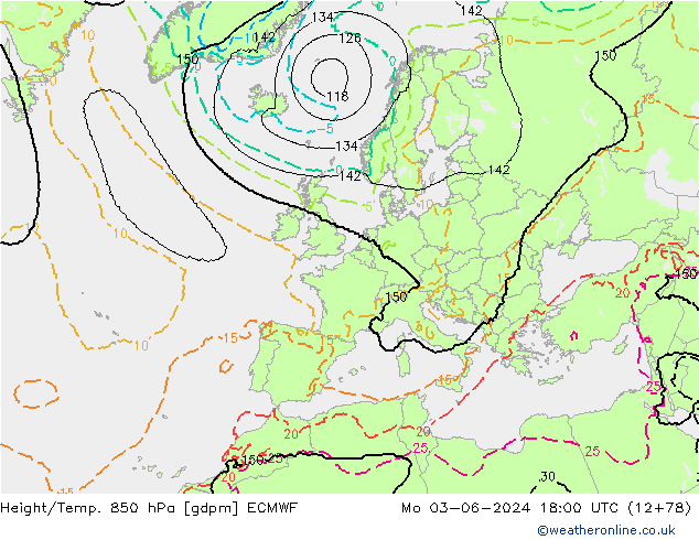 Height/Temp. 850 hPa ECMWF Mo 03.06.2024 18 UTC