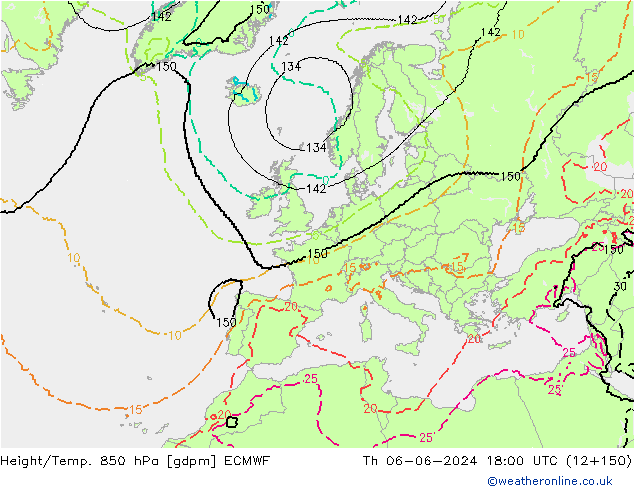 Hoogte/Temp. 850 hPa ECMWF do 06.06.2024 18 UTC