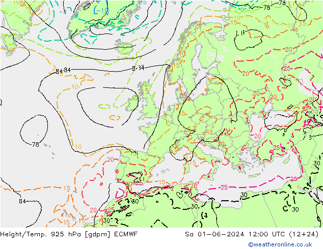 Hoogte/Temp. 925 hPa ECMWF za 01.06.2024 12 UTC