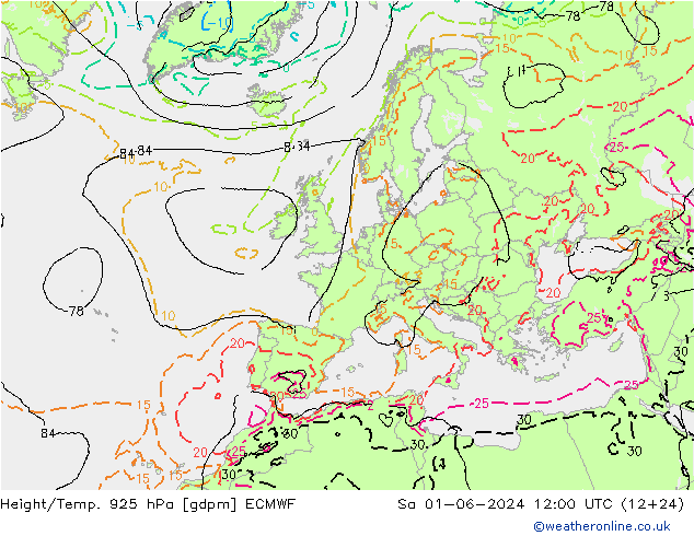 Height/Temp. 925 hPa ECMWF Sa 01.06.2024 12 UTC